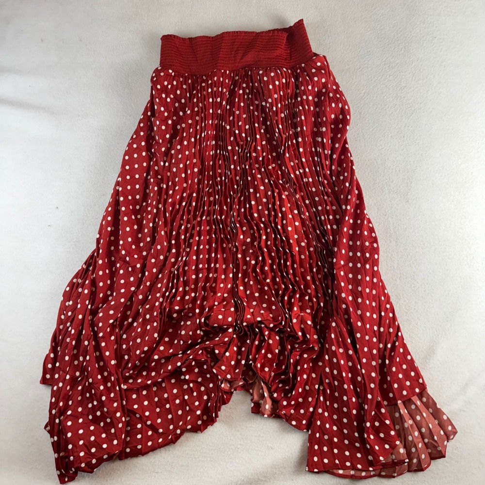 Elie Tahari Red Polka Dot Pleated Midi Skirt Smocked Waist Asymmetrical Hem L